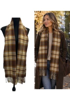 Dark brown camel brown plaid check soft fall winter scarf